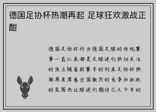 德国足协杯热潮再起 足球狂欢激战正酣